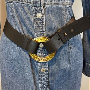Black Leather Belt with Gold stone statement Buckle size small